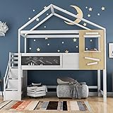I0I&I0I Hochbett für Kinder mit Treppe, Fenster und viel Stauraum (Weiß)