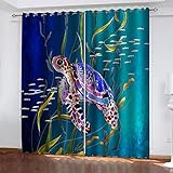 Vorhang Kinderzimmer 3D Schildkröte Im Blauen Wasser Muster Thermogardine 2Er Set, Ösenschal Blickdicht Schlafzimmer Küche Wohnzimmer Modern, Verdunkelungsvorhang Fensterdekoration 230X234cm (HxB)