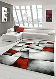 Designer Teppich Moderner Teppich Wohnzimmer Teppich Kurzflor Teppich mit Konturenschnitt Karo Muster Rot Grau Weiß Schwarz Größe 120x170 cm