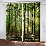 SAKKAI Verdunklungsvorhänge 3D Sonniger Grüner Wald Digitaldruck Ösenvorhang 2Er Set 200X160cm (Hxb) Verdunkelungsvorhang Thermo Vorhang Blickdicht Gardinen Wohnzimmer Schlafzimmer Kinderzimmer