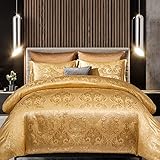 WONGS BEDDING Satin bettwäsche 135x200 4teilig Gold seiden Jacquard Bettbezug Microfaser Barock Stil Satin Luxuriös Wende-bettwäsche Set mit Reißverschluss und 2* Kissenbezüge 80x80cm