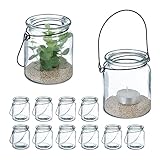 Relaxdays Windlicht Glas, 12er Set, Teelichthalter mit Henkel, H x D: 9,5 x 8 cm, Kerzenglas, rund, transparent/schwarz