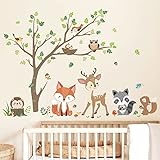 decalmile Wandtattoo Waldtiere Baum Wandaufkleber Fuchs Hirsch Eule Wandsticker Babyzimmer Kinderzimmer Schlafzimmer Wanddeko