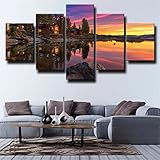 Leinwand Wandmalerei 5 Stück Vintage Sonnenuntergang Goldener Seeblick Wandkunstdrucke Bilder Für Schlafzimmer Esszimmer Küche Bad Bilder Und Wandkunst Dekoration Kunstwerk Xxl/200 X 100 Cm