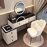 CALMR Vanity Desk LED-Spiegel-Schminktisch mit Bluetooth-Lautsprecher und kabelloser Ladestation, Nachttisch mit leiser Schiebeschublade