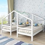 HESHU Hausbett für 2 Children, Zwei Einzelbetten unter einem Dach im Hausbettdesign mit Nachttisch und Lattenrost, Jugendbett 90 * 200 mit Rausfallschutz, Weiß,ohne Matratze【DE Versand 3-7 Tage】