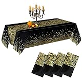 CHEPULA Tischdecke Einweg, [4 Stück] Wasserdicht Geburtstag Tischdecken, Rechteckig Tischtuch Geeignet für Party, Kindergeburtstag, Hochzeit, Weihnachten, 137 x 274 cm, Schwarz & Gold