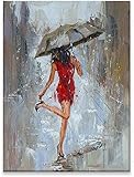 LLSL wall art leinwandbild (58x90cm-Kein Rahmen )Rotes Kleid Frau mit Regenschirm auf der Straße Leinwand Gemälde Druck Schlafzimmer Dekor Bild