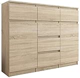 Framire S-62D Kommode in Sonoma Eiche, Kommode mit 6 Schubladen, 2 Türen, Schrank für Schlafzimmer, Wohnzimmer, Bad, 99 x 120 x 40 cm
