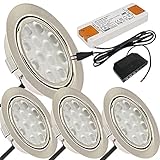 Lichtfaktor24 LED Möbeleinbaustrahler 12V flach 4 x 3W Einbauleuchten Leonie 200lm mit LED Trafo, Verteiler, 230V Zuleitung und LED Dimmer Lochausschnitt: 55 bis 60mm