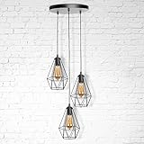 bomoe Pendelleuchte 3-flammig Lykta E27 Rund Hängeleuchte max. 60 Watt schwarz – Käfiglampe Metall Esszimmerlampe Lampe Retro, Vintage Deckenlampe Esstisch ohne Leuchtmittel höhenverstellbar