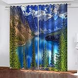 Hundnsney 3D Bergseelandschaft Muster Thermogardine Wohnzimmer Ösenvorhang Blickdicht Weihnachts Verdunkelungsvorhang Für Schlafzimmer Kinderzimmer Fensterdekoration 2Er Set 140X110cm(HxB)