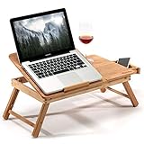 Bamboo Laptop Desk - Side Table, Height, Width & Angle Adjustable Lightweight and Foldable Laptop Notebook Desk Breakfast Table (55 x 35 x 29 cm), Natural Bamboo Notebook Table