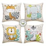 100% Baumwolle Kinder Kissenbezüge 4er Set (40x40) | Tiermotive: Giraffe, Löwe, Elefant, Zebra | Deutsche Qualitätsstandards | Kinderzimmer Deko