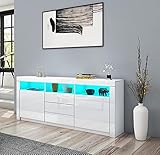 Sideboard Hochglanz Matt Anrichte Schrank mit 2 Türen 3 Schubladen & LED Beleuchtung TV Lowboard Für Esszimmer Wohnzimmer Möbel Weiß