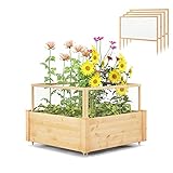 GOPLUS Hochbeet mit Schutzgitter, Pflanzbeet mit 9 Abteilungen, Gartenbeet aus Holz mit Bodenlosem Design für Blumen & Gemüse, 107×107×70cm