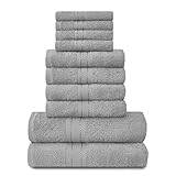 Lions Familien-Handtücher, 10-teiliges-Set, 100 % ägyptische Baumwolle, 4 x Gesicht, 4 x Hand, 2 x Badetuch, Premium Qualität, hoch wasserabsorbierendes Badzubehör, maschinenwaschbar, Silber, 544753
