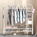 Schwerlast-Kleiderständer aus Metall auf Rollen, stabile Metallgarderobe mit Rollen und 2 Kleiderstangen, einfache Montage, belastbar bis 100 kg (mit 2x Aufbewahrungstaschen), B