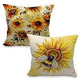 Rustikale Aquarell-Kissenbezüge, Honigbiene, Hummel, Sonnenblume, Cottagecore, 2er-Set, Bienenliebhaber, Frauen, Mädchen, Geschenke, 45.7x45.7 cm, Bauernhaus, Couch, Bett