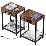 YBING Nachttisch 2er Set, Beistelltisch mit 2 Standard-Steckdosen und 3 USB-Anschlüsse, Minimalistisch Holz Couchtisch mit Ladefunktion für Schlafzimmer, Wohnzimmer（Rustikales Braun）