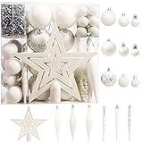 BrizLabs Weihnachtskugeln Set 75 Stück Christbaumkugeln Kunststoff Weihnachtsbaumschmuck mit Christbaumspitze für Weihnachtsbaum Innen Hochzeit Party Schlafzimmer Esstisch Deko, Weiß