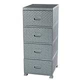 ADGO Schrank Kommode 4 Schubladen Rattan Badezimmer Veranstalter Schlafzimmer Kleiderschrank Lagerschrank Plastik, 38 x 45 x 90 cm, Grau
