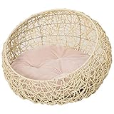 PawHut Katzenbett aus Rattan Katzenhöhle mit Kissen Katzenkorb Hundebett Katzenschlafplatz Hundehütte Tierbett für Katzen Hunde Beige Ø56 x 35 cm