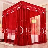 UNICOKA Romantischer luxuriöser roter 4-Eckpfosten für Mädchen und Frauen, verdickter Betthimmel für Erwachsene, Hochzeit, Schlafzimmer, Kinderzimmer, Bettdekoration (Typ 2, roter Betthimmel und Net