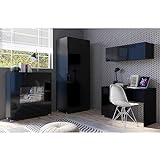 Lomadox Jugendzimmer Möbel Set in schwarz Hochglanz mit LED Beleuchtung