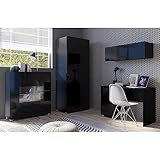 Lomadox Jugendzimmer Möbel Set in schwarz Hochglanz mit LED Beleuchtung
