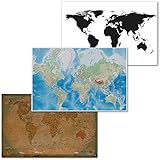 GREAT ART® Set mit 3 Poster – Weltkarten Mix – schwarz weiß Retro Modern Kontinente Geografie Foto-Plakat Dekor Wand-Bild Inneneinrichtung (Din A2-42 x 59,4)