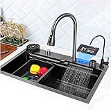 Küchenspüle Digitalanzeige Raindance Wasserfallspüle 304 Edelstahlspüle, Haushaltsspüle Arbeitsplatzspüle Mit Ausziehbarem Wasserhahn, Schneidebrett, Tassenwaschmaschine black,80 * 46 * 21cm