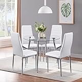 GOLDFAN Esszimmergruppe mit Glass Esstisch und 4 Stühlen Glastisch und Weiß Stuhl Runder Tisch für Wohnzimmer Küche