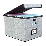 FINEW Stoff Faltbare Aufbewahrungsbox mit Deckel, Hängemappenbox für DIN A4 Hängeregister, Aufbewahrungsboxen für Büro, faltbox für Familien (Grau)