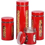 Belle Vous Rote Luftdichte Vorratsdosen mit Deckel (4 Stk) - 710 ml bis 1,9 L BPA-freies Vorratsbehälter Glas Set - Glasbehälter mit Deckel für Küche & Speisekammer - Für Mehl, Zucker & Müsli Behälter