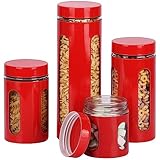 Belle Vous Rote Luftdichte Vorratsdosen mit Deckel (4 Stk) - 710 ml bis 1,9 L BPA-freies Vorratsbehälter Glas Set - Glasbehälter mit Deckel für Küche & Speisekammer - Für Mehl, Zucker & Müsli Behälter