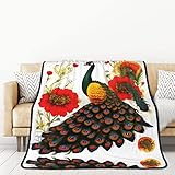 TORONG Doppelseitige Überwurfdecke mit Pfauenmotiv, rote Blume, für Couch, Auto, Bett, Nickerchen, warme und bequeme Decke, 152,4 x 203,2 cm
