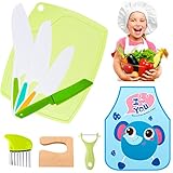 Aedcbaide Kindermesser, 9pcs Messer Kinder ab 2, Kinderbesteck Plastik, Kinder küchenmesser zum Schneiden Gemüse für Kleinkinder mit Küchenschürze Schneidebrett Schäler