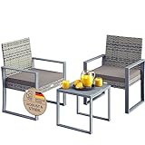 Casaria® Polyrattan Gartenmöbel WPC Tisch 160kg Belastbarkeit 2 Stühle Auflagen höhenverstellbare Füße Wetterfest Terrasse Balkon Möbel Lounge Set Grau
