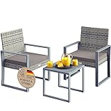 Casaria® Polyrattan Gartenmöbel WPC Tisch 160kg Belastbarkeit 2 Stühle Auflagen höhenverstellbare Füße Wetterfest Terrasse Balkon Möbel Lounge Set Grau