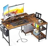 ODK L-förmiger Schreibtisch mit USB-Ladeanschluss & Steckdose, Eckschreibtisch Gaming mit Regalen Reversibel, L-förmiger Computertisch mit Monitorständer für Büro, Heimbüro, Brun, 120x80x88cm