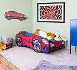 Alcube® Autobett 70x140 mit LED-Beleuchtung PKW Spider CAR mit Wandregal mit Matratze, Lattenrost & Rausfallschutz - MDF Bett für kleine Spinnenmann - Kinderbett 140x70 cm Cars Bett Jugendbett