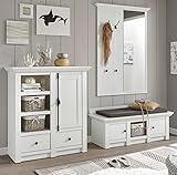 Furn.Design Garderobe weiß Pinie Landhaus Flur Diele Schränke komplett Set 3 teilig Hooge mit Schuhschrank, Wandhaken und Sitzbank (Garderobenset + 2X Flechtkorb)