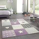 Teppich-Traum Kinderzimmer Teppich Spiel & Baby Teppich Herz Stern Punkte Design in Lila Grau Creme Größe 120x170 cm