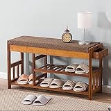 Eingangsbereich Schuhbank Mit Versteckter Schublade,Schuhregal aus Naturbambus mit 3 Ebenen,Schuhorganisator,Rustikale Aufbewahrungsbank Mit Abnehmbarem Kissen-D 90x49x29cm(35x19x1
