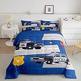 Erosebridal Polizeiauto-Bettwäsche-Set für Kinder, Doppelgröße, Cartoon-Polizisten-Auto-Bettwäsche-Set für Jungen, Auto-Raumdekoration, Bettbezug-Set mit 1 Kissenbezug, blau und grau