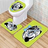 Rutschfeste Badematten-Set, Mops, süßer Hund mit Fliege und Nerdy-Brille auf grünem Hintergrund, apfelgrüner hellblaue,Weiche Mikrofaser, WC-Vorleger, WC-Sockelmatte, maschinenwaschbar, 3-teiliges Set