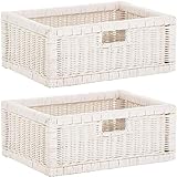 korb.outlet Set / 2 Regalkorb Weiss ca. 42x32x17 mit Holzrahmen Rattan Schubfach Box zur Aufbewahrung Schrankkorb Griff