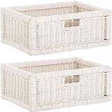 korb.outlet Set / 2 Regalkorb Weiss ca. 42x32x17 mit Holzrahmen Rattan Schubfach Box zur Aufbewahrung Schrankkorb Griff