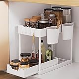 AIXPI Küchen Organizer 2 Etagen, Unter Waschbecken Regal mit Haken und Tasse Gewürzregal Spülschrank Organizer Küchenregal Schrank Organizer für Badezimmer Küche Weiss